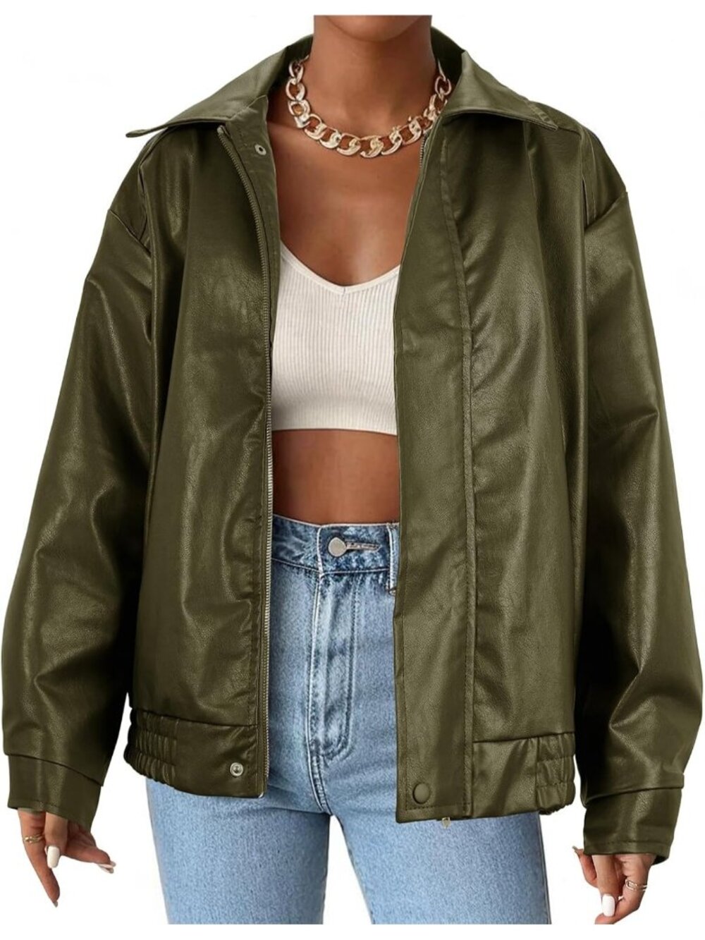 Women’s Army Green Faux Leather Oversized Bomber Biker Motorcycle Jacket Casual